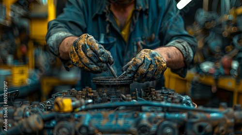 A close-up view shows a mechanic intensely working on an engine. The dirty gloves and detailed engine parts create an image of hard work and dedication in a busy workshop. photo