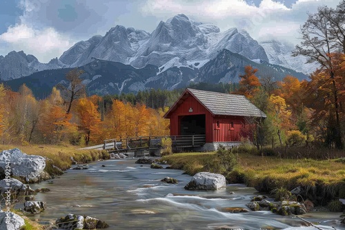Charming covered bridge in the Alps providing a peaceful crossing amidst towering mountains and serene nature
