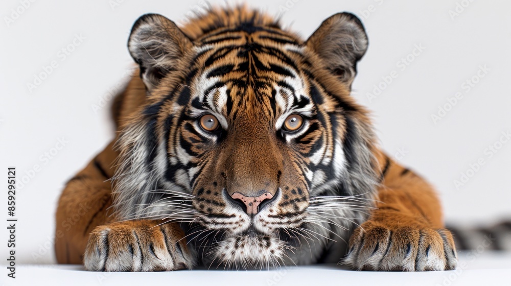 Fototapeta premium A tiger stares intensely at the camera, its powerful presence filling the frame