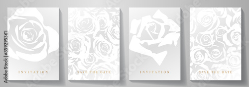 Floral beautiful cover design set with white roses for cover design, luxury invitation, botanical poster, wedding card, catalog, brochure, menu, congratulation. Premium fashionable vector background