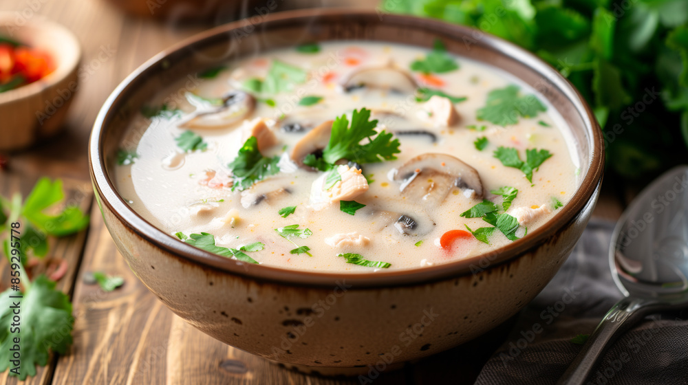 A steaming bowl of Thai Coconut Soup (Tom Kha Gai), with creamy coconut milk, chicken, mushrooms, and a sprinkle of fresh cilantro A steaming bowl of Thai Coconut Soup (Tom Kha Gai), with creamy coconut milk, chicken, mushrooms, and a sprinkle of fresh cilantro
