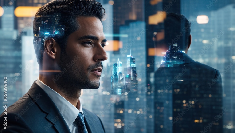 The double exposure image of the businessman thinking overlay with cityscape image and futuristic hologram. The concept of modern life, business, city life and internet of things The double exposure image of the businessman thinking overlay with cityscape image and futuristic hologram. The concept of modern life, business, city life and internet of things