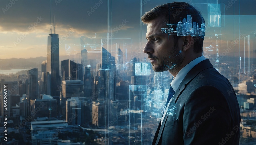 Fototapeta premium The double exposure image of the businessman thinking overlay with cityscape image and futuristic hologram. The concept of modern life, business, city life and internet of things 