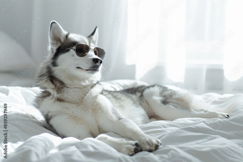 a husky dog laying on a bed with white sheets a husky dog laying on a bed with white sheets