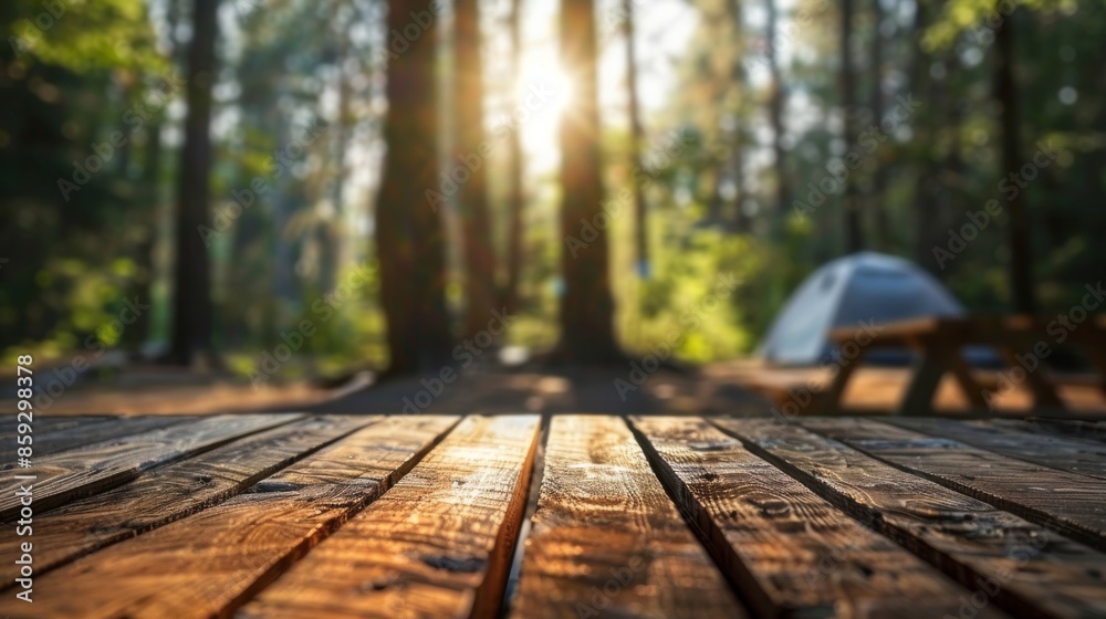 Wooden Picnic Table in Forest Setting Wooden Picnic Table in Forest Setting