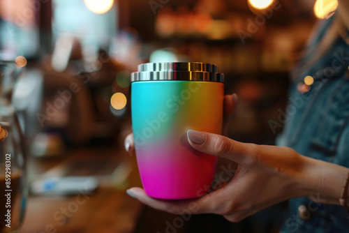 Woman holding a reusable and colorful coffee cup, promoting sustainability and enjoying a beverage in a cafe