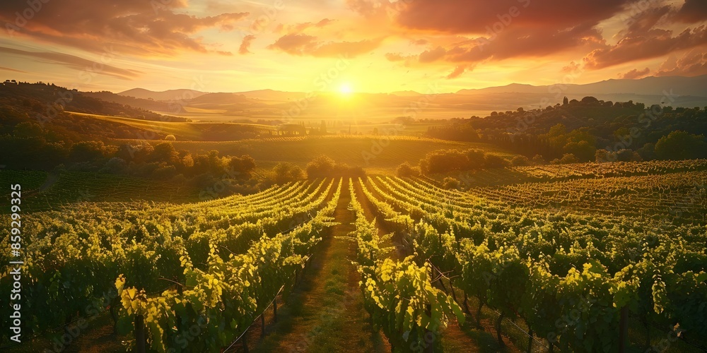 Fototapeta premium Sunset over a Tuscany vineyard with grapevines. Concept Landscape, Sunset, Tuscany, Vineyard, Grapevines