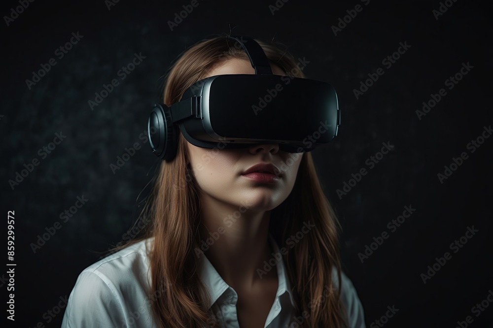 Young woman using glasses of virtual reality on dark background Young woman using glasses of virtual reality on dark background