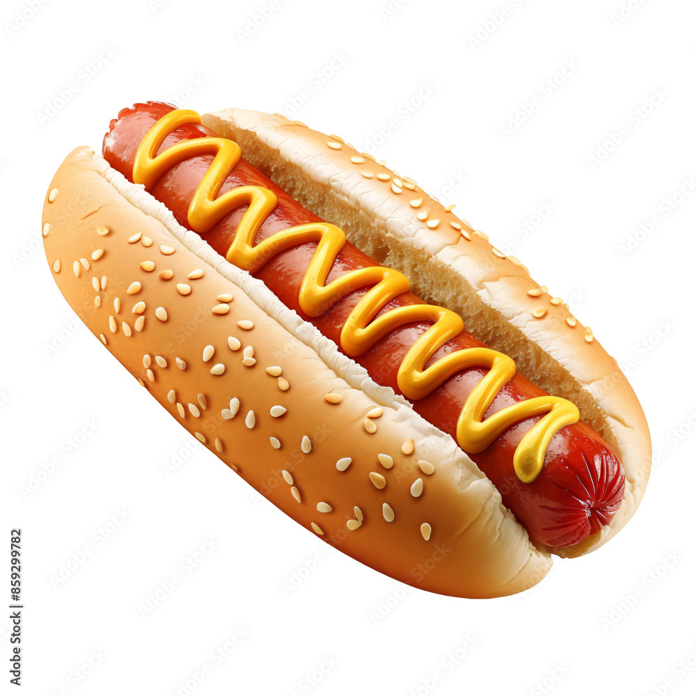 Classic hot dog with mustard isolated on white and transparent background Classic hot dog with mustard isolated on white and transparent background