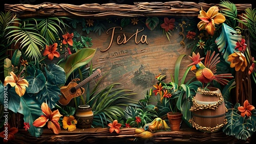 Celebrate the rich cultural heritage of Brazil with a textured wooden frame influenced by São João and the vibrant traditions of Festa Junina, capturing the essence of joy