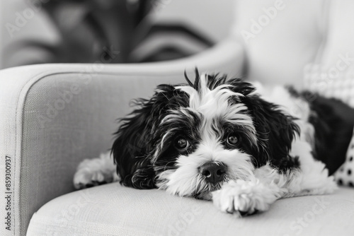 a black and white dog laying on a couch