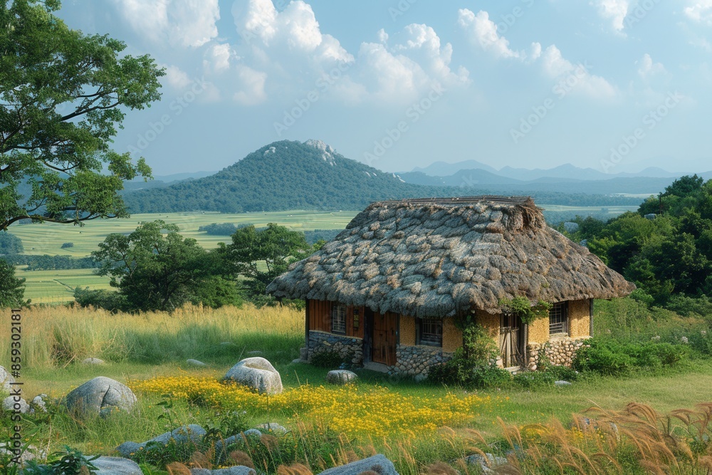 Joseon man in 1500, a small thatched house in a wide field can be seen in the distance, satellite,, HRD, realistic, photo, movie
