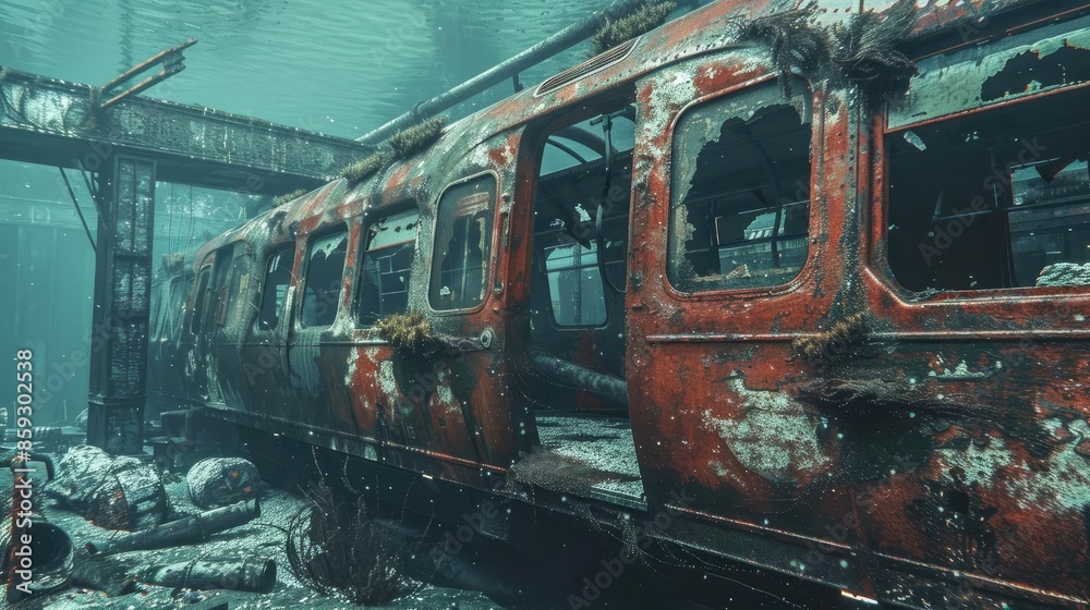 A dilapidated, rusted subway train submerged underwater, highlighting urban decay and underwater exploration themes. A dilapidated, rusted subway train submerged underwater, highlighting urban decay and underwater exploration themes.