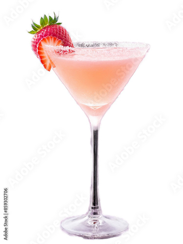 Pink Panther Fruity pink cocktail in a champagne flute garnished with a strawberry slice