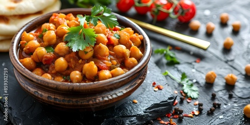 Indian dish made with chickpeas known as choley chole masala or chana. Concept Indian Cuisine, Chickpea Recipes, Spices and Herbs, Vegetarian Dishes, Traditional Cooking photo