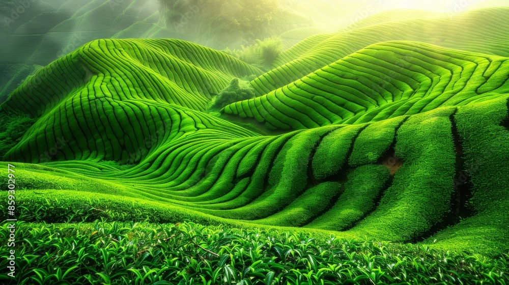 Fototapeta premium Lush Green Tea Plantation Hills in Morning Light