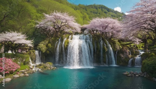 Idyllic scenery with cascading waterfalls, blooming cherry trees, and a traditional pagoda, all reflected in the turquoise waters