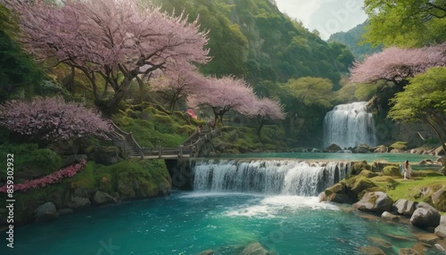 Idyllic scenery with cascading waterfalls, blooming cherry trees, and a traditional pagoda, all reflected in the turquoise waters