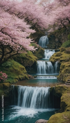 Beautiful cascading waterfalls flow into a crystal-clear lagoon, surrounded by cherry blossom trees and a peaceful pagoda
