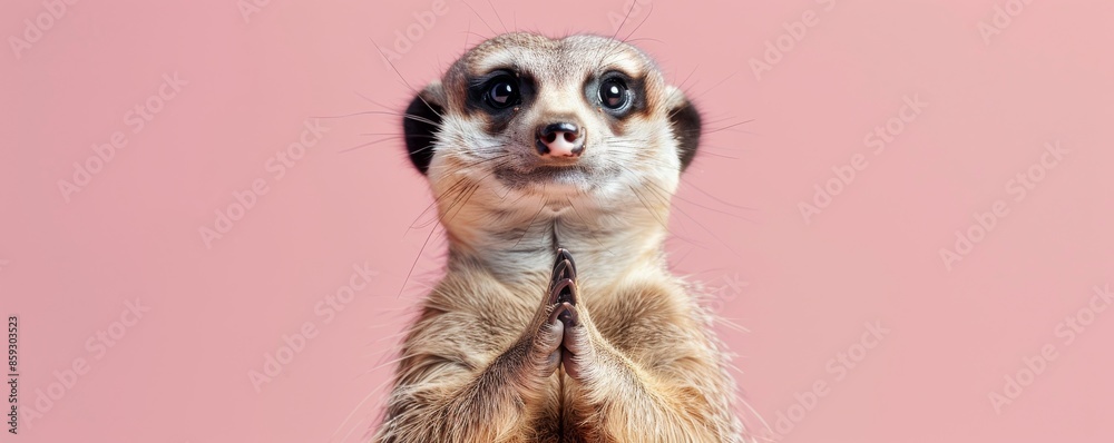 Fototapeta premium Meerkat standing on hind legs with paws together against pink background, adorable animal concept