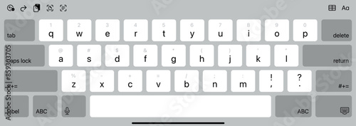 Latest technology Light Mode Keyboard. Isolated white ipad interface Keypad for ios made by Apple, With English Qwerty Alphabet. Vector editable eps illustration layout