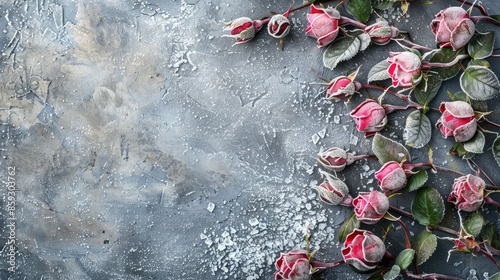 Frozen rosebuds with space for text