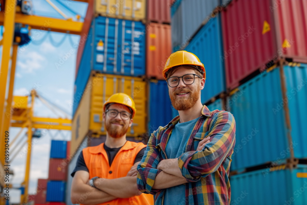 Two workers in hard hats on the background of containers at the marine terminal. Banner for logistics and cargo transportation with copy space Two workers in hard hats on the background of containers at the marine terminal. Banner for logistics and cargo transportation with copy space