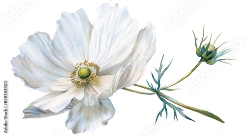Beautiful close-up watercolor illustration of a delicate white cosmos flower with a green bud and detailed petals on a white background. photo