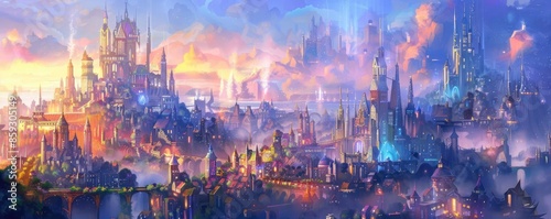 Enchanting sunset illuminates a vibrant, fantastical cityscape with glowing turrets and spires. Breathtaking scenery blending fantasy and reality. © Woranittha