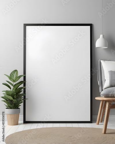 Scandinavian room interior with mock up photo frame, Luxury living room in house with modern interior design, Modern interior design. 3D render