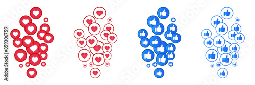 Like the blue icon and the heart icon. Live video broadcast, chat, likes. Social networks, red heart and blue thumb up reaction web buttons isolated on white background. Vector illustration.
