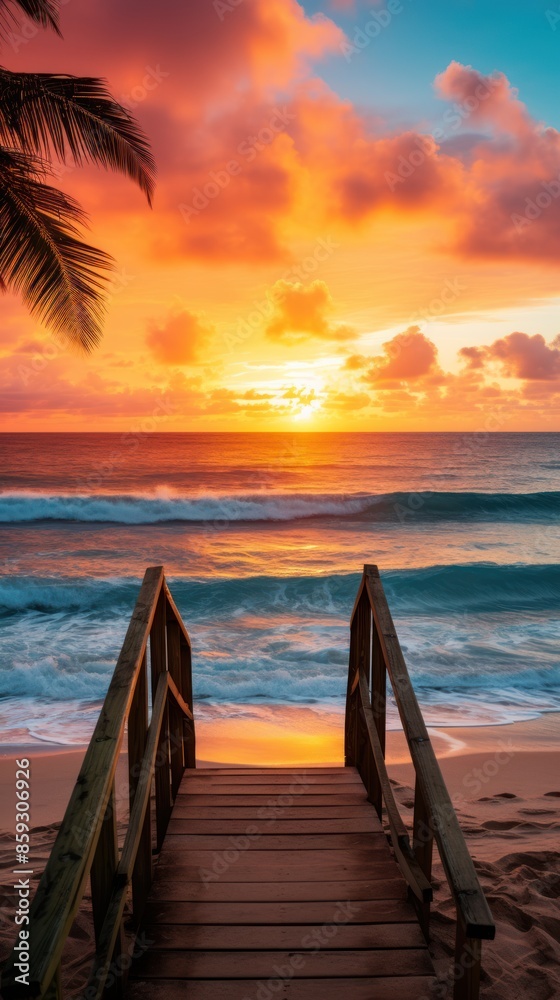 Fototapeta premium Sunrise on the beach with gentle waves and the sun emerging on the horizon