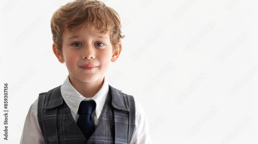 Boy in school uniform with white background in vertical photo