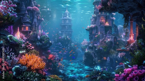 Vibrant underwater scene with colorful coral reefs, ancient ruins, and schools of fish, creating a mesmerizing oceanic fantasy world. © Woranittha