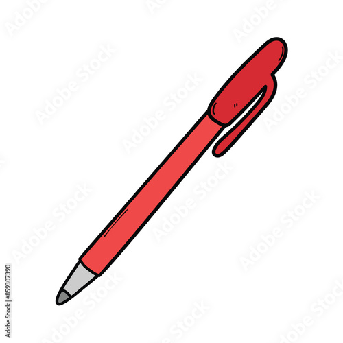 Hand drawn cartoon red pen on white background.