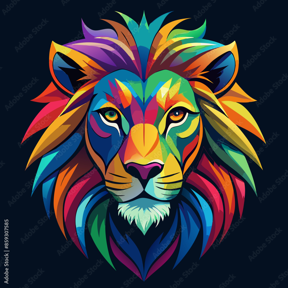 green, blue, black, magenta orange, yellow lion face on black background green, blue, black, magenta orange, yellow lion face on black background