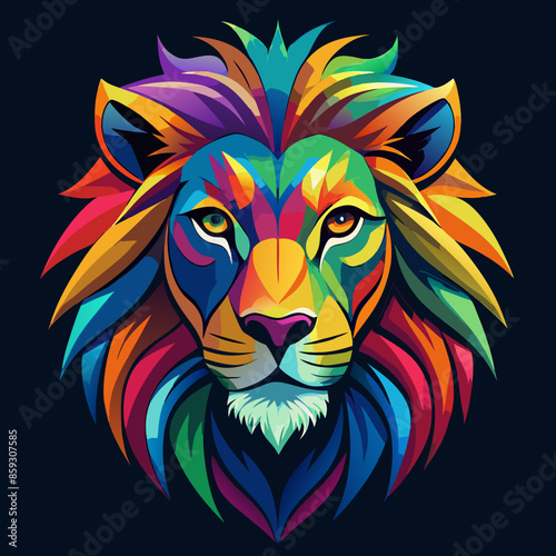 green, blue, black, magenta orange, yellow lion face on black background