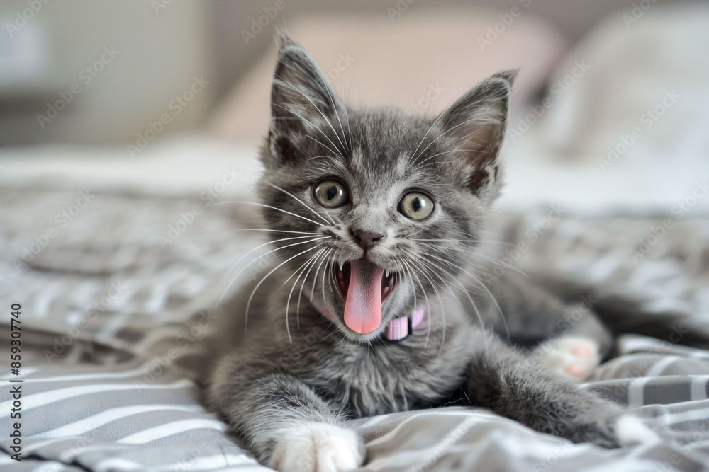 a kitten yawns on a bed with a white and gray blanket a kitten yawns on a bed with a white and gray blanket