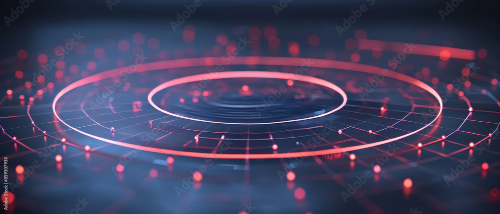 Futuristic digital red and blue abstract circular interface with glowing dots and lines, representing technology and data visualization. Futuristic digital red and blue abstract circular interface with glowing dots and lines, representing technology and data visualization.