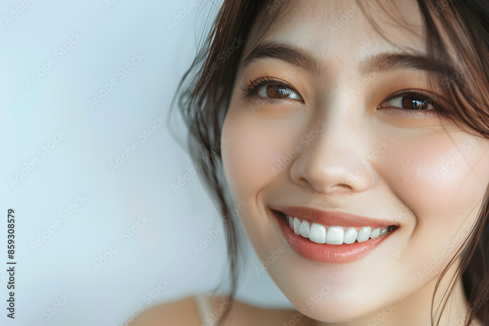 Closeup portrait of beautiful smiling Asian woman with smooth healthy skin Closeup portrait of beautiful smiling Asian woman with smooth healthy skin