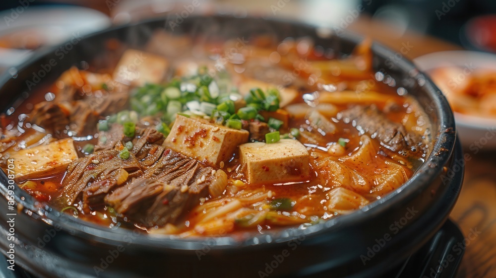 Kimchi stew contains beef and tofu, and the background is Korean. Kimchi stew contains beef and tofu, and the background is Korean.