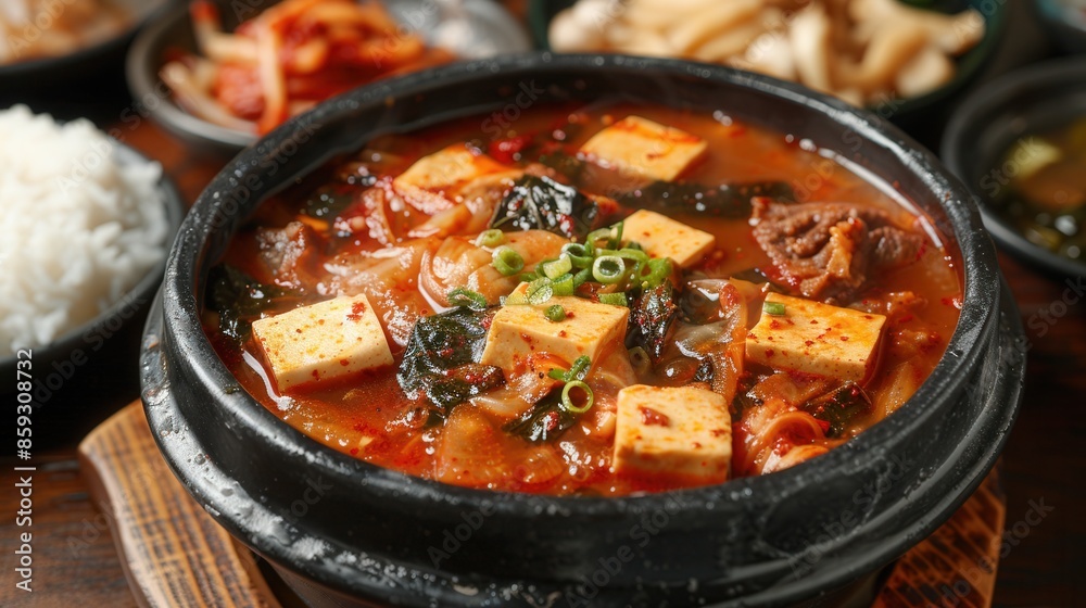 Kimchi stew contains beef and tofu, and the background is Korean. Kimchi stew contains beef and tofu, and the background is Korean.