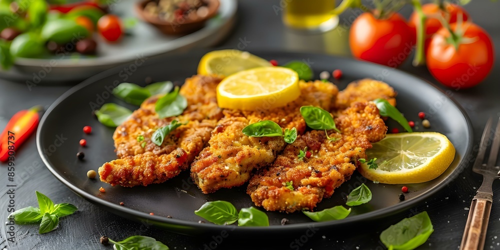 Capturing the Essence of Argentinian Milanesa with Lemon A High-Quality Image Using the Rule of Thirds. Concept Argentinian Cuisine, Milanesa, Lemon Garnish, Rule of Thirds, High-Quality Image Capturing the Essence of Argentinian Milanesa with Lemon A High-Quality Image Using the Rule of Thirds. Concept Argentinian Cuisine, Milanesa, Lemon Garnish, Rule of Thirds, High-Quality Image