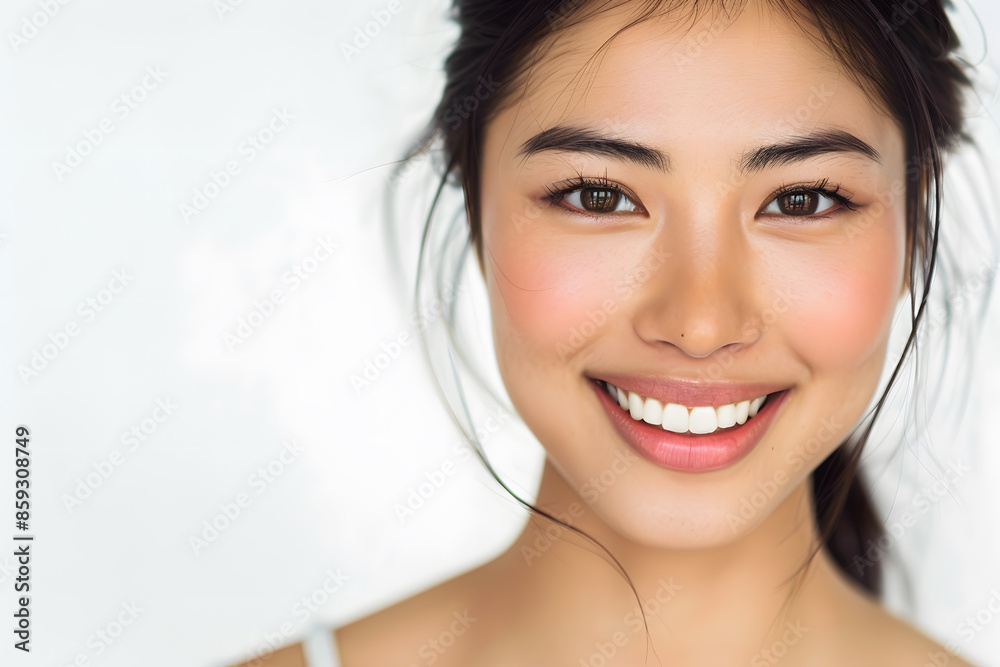 Closeup portrait of beautiful smiling Asian woman with smooth healthy skin Closeup portrait of beautiful smiling Asian woman with smooth healthy skin