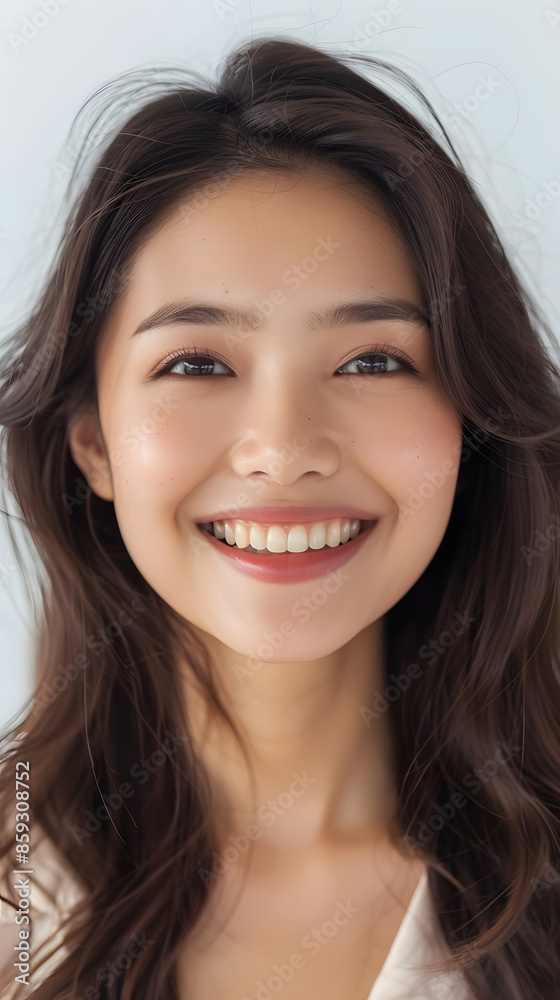Closeup portrait of beautiful smiling Asian woman with smooth healthy skin Closeup portrait of beautiful smiling Asian woman with smooth healthy skin