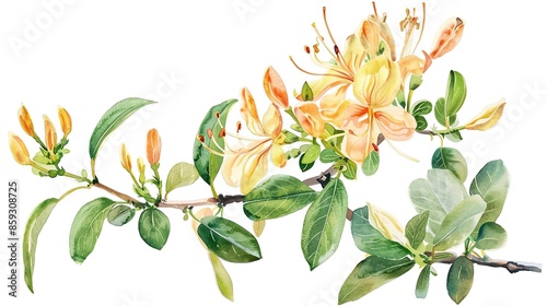 Fototapeta Naklejka Na Ścianę i Meble -  Watercolor painting of yellow and orange lonicera flowers with green leaves on a white background. Perfect for nature-themed designs.