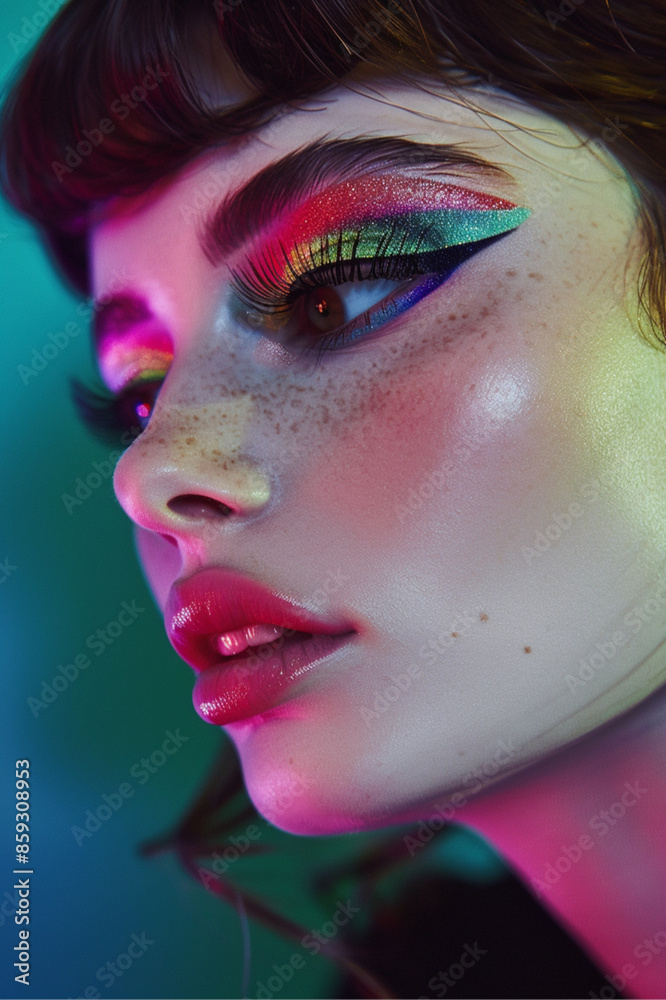 editorial headshot of a beautiful brunette irish model wearing graphic makeup 