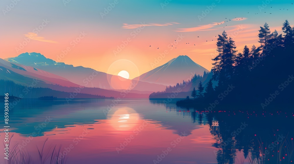 A serene mountain lake nestled between rugged peaks with views of sunset A serene mountain lake nestled between rugged peaks with views of sunset