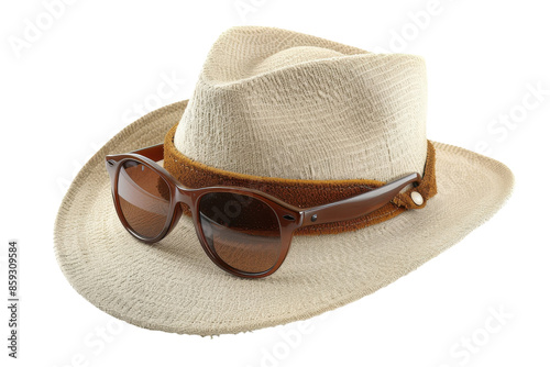 A beige straw hat with a brown leather band and brown sunglasses on top