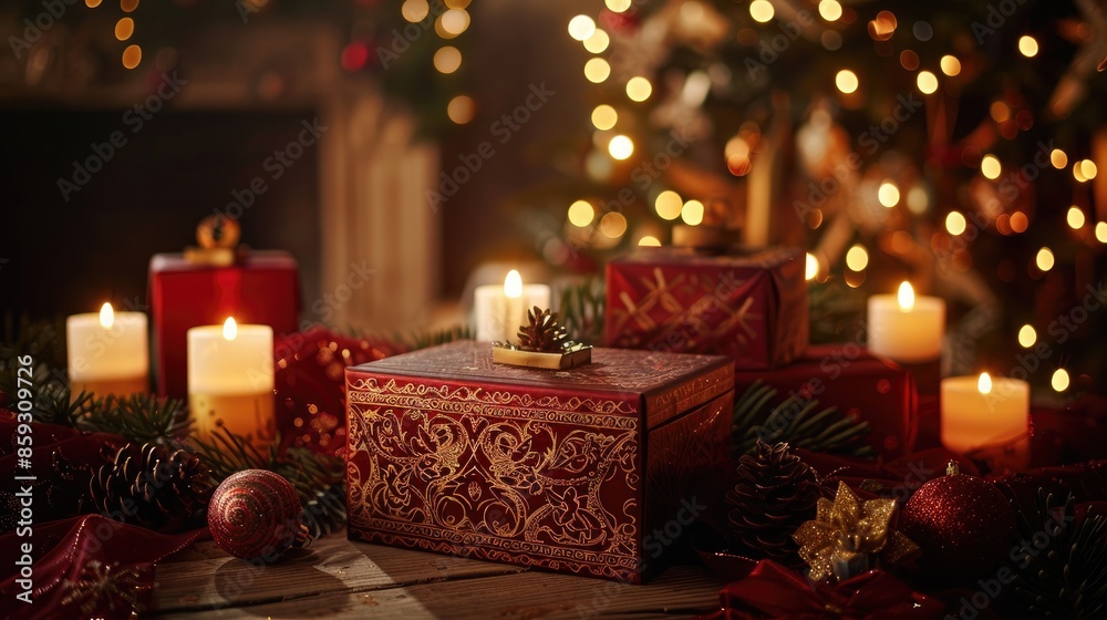 Romantic holiday themed square box for women on festive backdrop with candlelight effect Romantic holiday themed square box for women on festive backdrop with candlelight effect